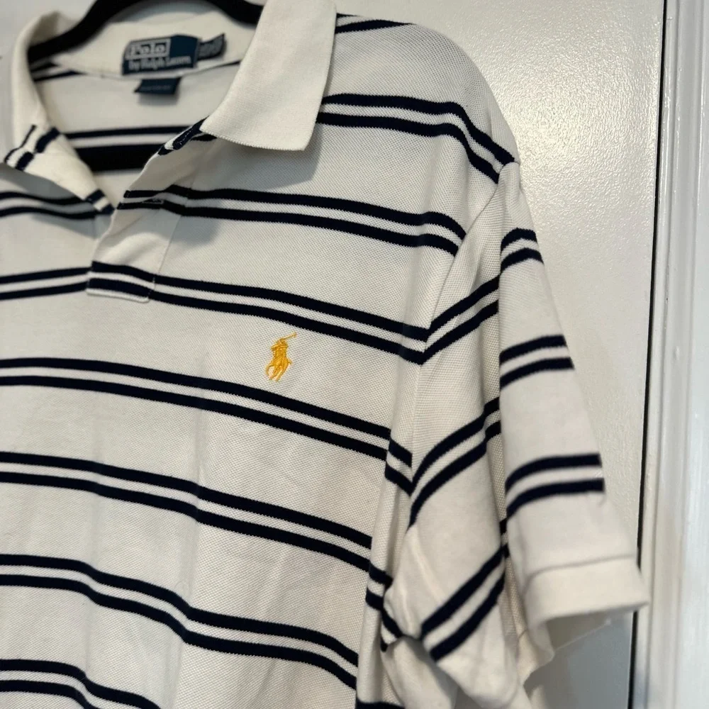 POLO RALPH LAUREN SzXXL Pique white/ navy striped Cotton Polo Short Sleeve Shirt
